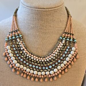 Vintage Bohemian Woven Beaded Bib Necklace Pastels And Brass Tone